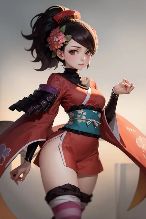 (masterpiece, best quality:1.2), <lora:muramasa_momohime-11:1>, cowboy shot, solo, 1girl, momohime, expressionless, closed mouth, looking at viewer, own hands together, hair flower, japanese clothes, armor, kimono, thighhighs
