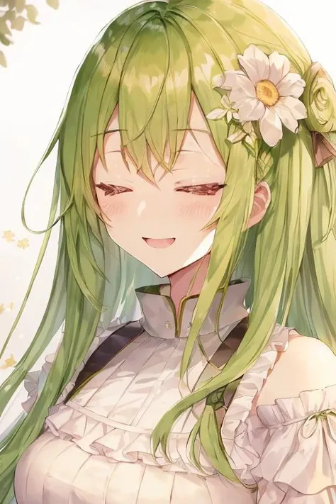 1girls, green hair,yellow eyes,white dress,one eye closed, open mouth,smile,masterpiece,best quality,face,simple background,,upper body
<lora:momoco-000005:1>