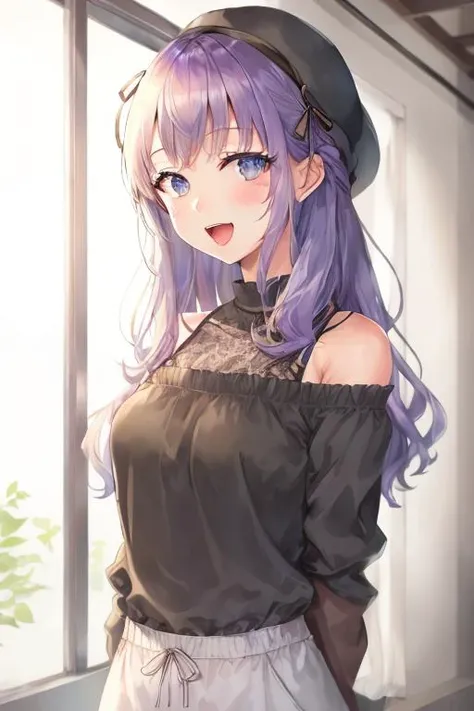 1girl,open mouth,masterpiece,best quality ,long sleeves,arms behind back, <lora:momoco_v2_RR-000010:0.9>