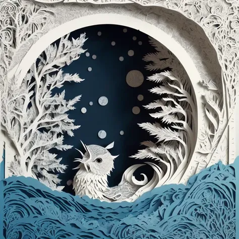 mdjrny-pprct,Paper Cuttings craft, paper illustration, tunnels, blue birds, waves, storms, Chinese myths, blue, by Chen powder pills, gorgeous, cumbersome details, hd,