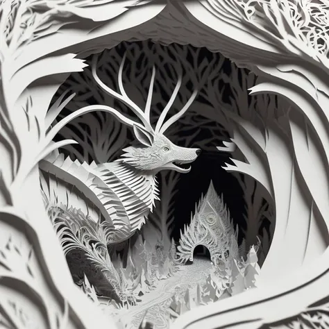 mdjrny-pprct, a superb fractal deer in a twisted paper forest,intricate and vibrant, paper cut background with depth, lit-up, perfect lighting, 3d, cgi, vex, shaders, uhd, natural light, cinematic, rim light,mood light,illumination, ambient occlusion,octane, anti-aliasing, displacement, digital, unique, tone mapping,specular,materials, shiny, soft, real,post-processing, post-production, 32k,color grading, deep contrasts, ssao, ultra defined, extremely realistic, hyper realism,professionalquality,hi-res,environmental,photoreal