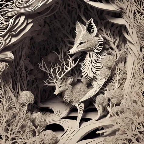 mdjrny-pprct, a superb fractal deer in a twisted paper forest,intricate and vibrant, paper cut background with depth, lit-up, perfect lighting, 3d, cgi, vex, shaders, uhd, natural light, cinematic, rim light,mood light,illumination, ambient occlusion,octane, anti-aliasing, displacement, digital, unique, tone mapping,specular,materials, shiny, soft, real,post-processing, post-production, 32k,color grading, deep contrasts, ssao, ultra defined, extremely realistic, hyper realism,professionalquality,hi-res,environmental,photoreal