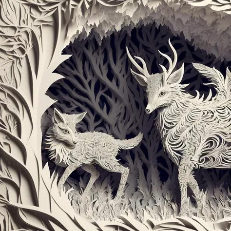 mdjrny-pprct, a superb fractal deer in a twisted paper forest,intricate and vibrant, paper cut background with depth, lit-up, perfect lighting, 3d, cgi, vex, shaders, uhd, natural light, cinematic, rim light,mood light,illumination, ambient occlusion,octane, anti-aliasing, displacement, digital, unique, tone mapping,specular,materials, shiny, soft, real,post-processing, post-production, 32k,color grading, deep contrasts, ssao, ultra defined, extremely realistic, hyper realism,professionalquality,hi-res,environmental,photoreal