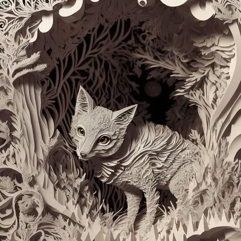 mdjrny-pprct, a superb fractal deer in a twisted paper forest,intricate and vibrant, paper cut background with depth, lit-up, perfect lighting, 3d, cgi, vex, shaders, uhd, natural light, cinematic, rim light,mood light,illumination, ambient occlusion,octane, anti-aliasing, displacement, digital, unique, tone mapping,specular,materials, shiny, soft, real,post-processing, post-production, 32k,color grading, deep contrasts, ssao, ultra defined, extremely realistic, hyper realism,professionalquality,hi-res,environmental,photoreal