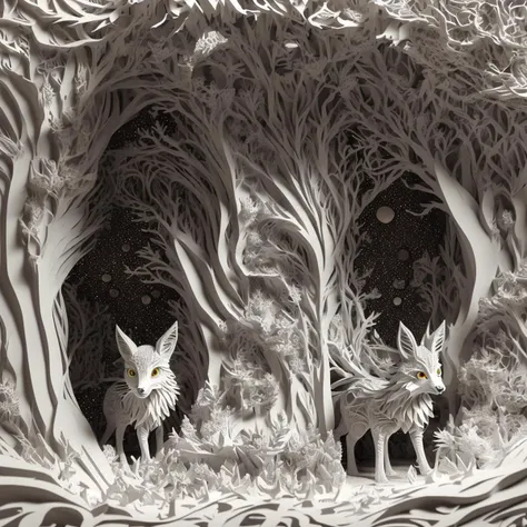 mdjrny-pprct, a superb fractal deer in a twisted paper forest,intricate and vibrant, paper cut background with depth, lit-up, perfect lighting, 3d, cgi, vex, shaders, uhd, natural light, cinematic, rim light,mood light,illumination, ambient occlusion,octane, anti-aliasing, displacement, digital, unique, tone mapping,specular,materials, shiny, soft, real,post-processing, post-production, 32k,color grading, deep contrasts, ssao, ultra defined, extremely realistic, hyper realism,professionalquality,hi-res,environmental,photoreal