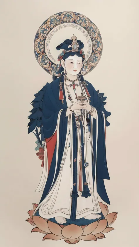 Duohuan,(illustration:1.1),(bestquality),(masterpiece:1.1),soft portrait shot 8 k,1boy,solo,jewelry,full body,white background,long sleeves,standing,holding,tassel,simple background,earrings,branch,lotus throne,huadian,
<lora:Dunhuang V2.0-000009:1>,