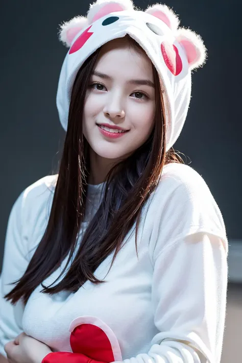 masterpiece, best quality,closed mouth, looking at viewer, full body, alluring, clean, beautiful face, pure face, pale skin, little smile, a woman wearing a white bear costume with long hair and a smile on her face, posing for a picture with a white background and gray background,
<lyco:nancy-000002:1>