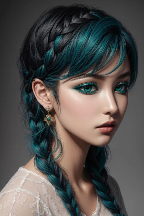 1girl, ((green and teal hair) french braid ), makeup, closed mouth, jewelry, portrait, hyperrealistic, <lora:boldline:0.2> <lora:add_detail:0.5>