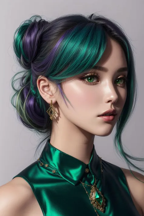 1girl, ((violet and green hair) chignon hairstyle ), makeup, closed mouth, jewelry, portrait, hyperrealistic, <lora:boldline:0.2> <lora:add_detail:0.5>