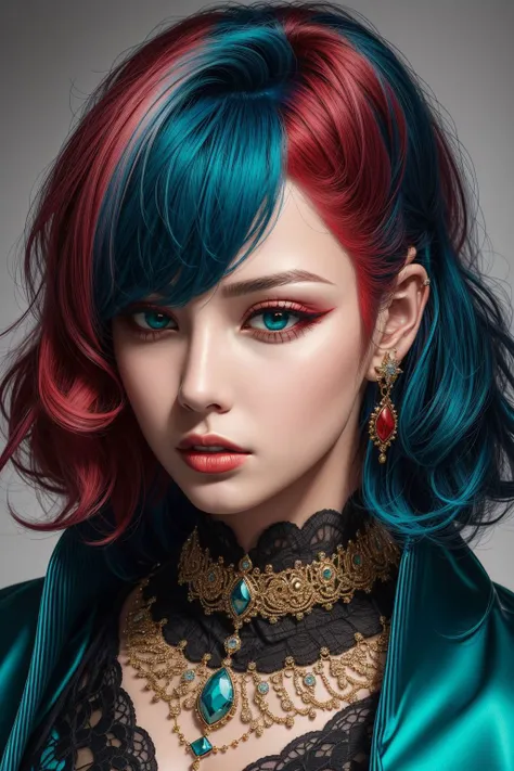 1girl, ((red and teal hair) bald ), makeup, closed mouth, jewelry, portrait, hyperrealistic, <lora:boldline:0.2> <lora:add_detail:0.5>