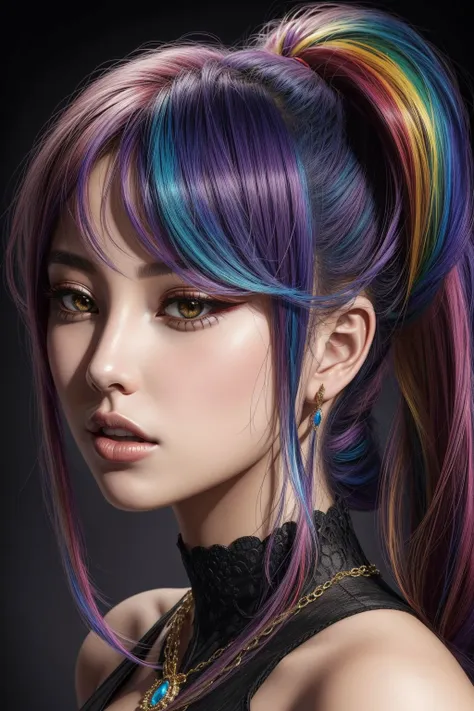 1girl, ((rainbow hair) ponytail ), makeup, closed mouth, jewelry, portrait, hyperrealistic, <lora:boldline:0.2> <lora:add_detail:0.5>