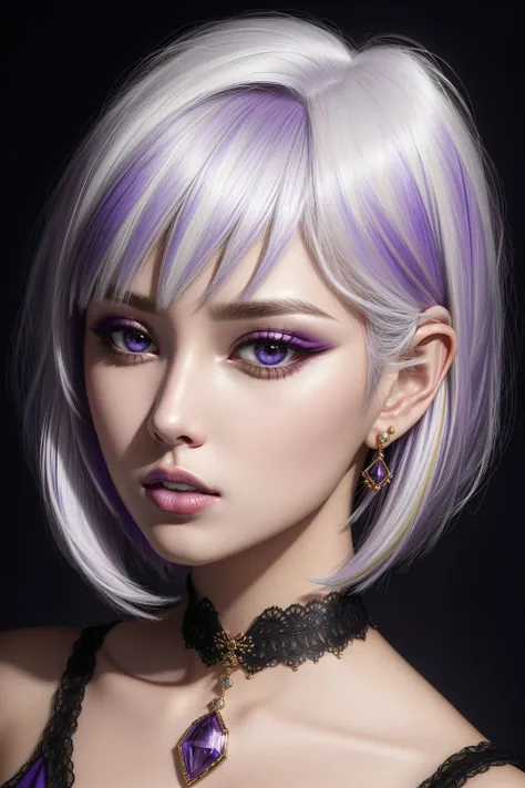 1girl, ((white and violet hair) short bob hair ), makeup, closed mouth, jewelry, portrait, hyperrealistic, <lora:boldline:0.2> <lora:add_detail:0.5>