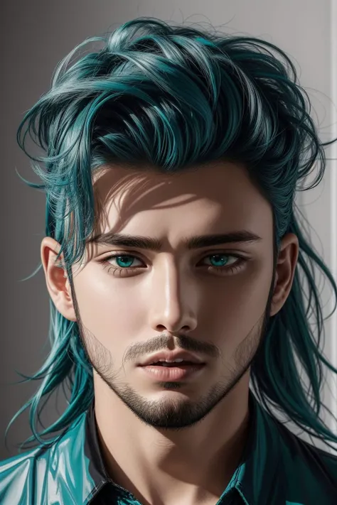 man, (green and teal hair quiff hairstyle ), closed mouth, portrait, hyperrealistic, <lora:boldline:0.2> <lora:add_detail:0.5>