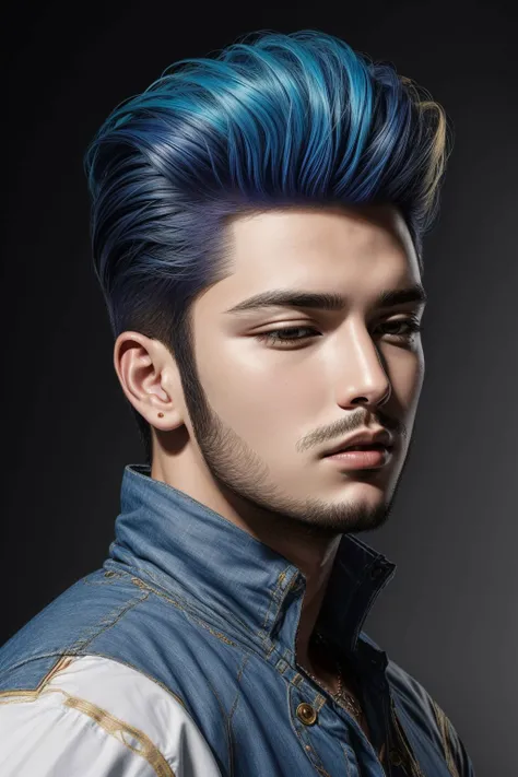 man, (blonde and blue hair pompadour hairstyle ), closed mouth, portrait, hyperrealistic, <lora:boldline:0.2> <lora:add_detail:0.5>