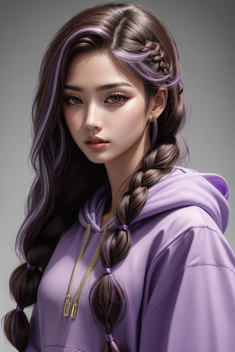 1girl, (long braid brown hair with violet highlights), makeup, closed mouth, wearing a hoodie, portrait, hyperrealistic, <lora:boldline:0.2> <lora:add_detail:0.5>