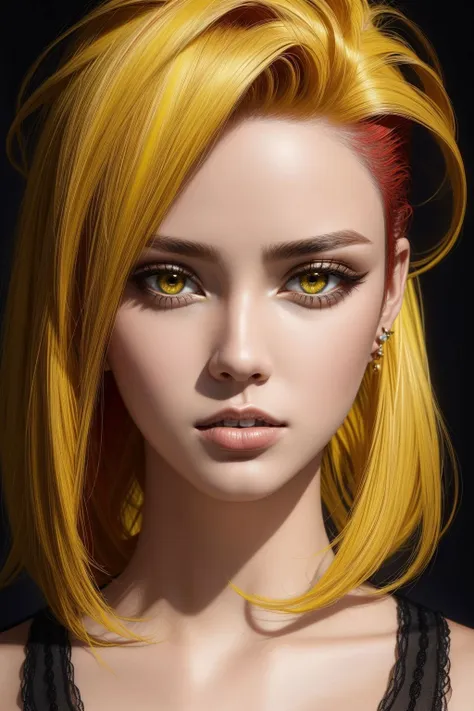 1girl, ((red and yellow hair) fohawk ), makeup, closed mouth, jewelry, portrait, hyperrealistic, <lora:boldline:0.2> <lora:add_detail:0.5>