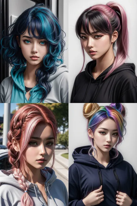 1girl, (__Mine\Hair\hairstyles-female__ __Mine\Hair\haircolors-mixed__), makeup, closed mouth, wearing a hoodie, portrait, hyperrealistic, <lora:boldline:0.2> <lora:add_detail:0.5>