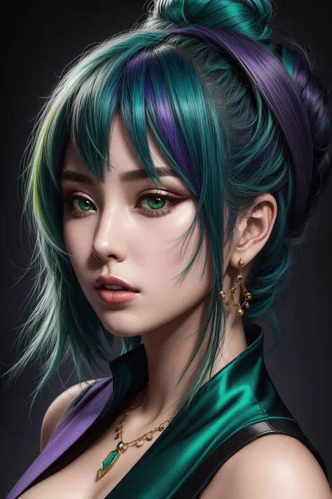 1girl, ((violet and green hair) bun ), makeup, closed mouth, jewelry, portrait, hyperrealistic, <lora:boldline:0.2> <lora:add_detail:0.5>