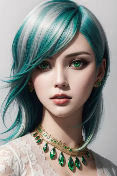 1girl, ((white and green hair) comb over hairstyle ), makeup, closed mouth, jewelry, portrait, hyperrealistic, <lora:boldline:0.2> <lora:add_detail:0.5>