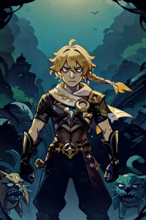 <lora:lozhkin:0.85> vlozhkin style
1boy,
masterpiece, best quality, dramatic lighting, absurdres, looking at viewer, solo, determined, dramatic pose, action pose, cinematic light,
aether \(genshin impact\),
<lora:Character Aether:1.0>