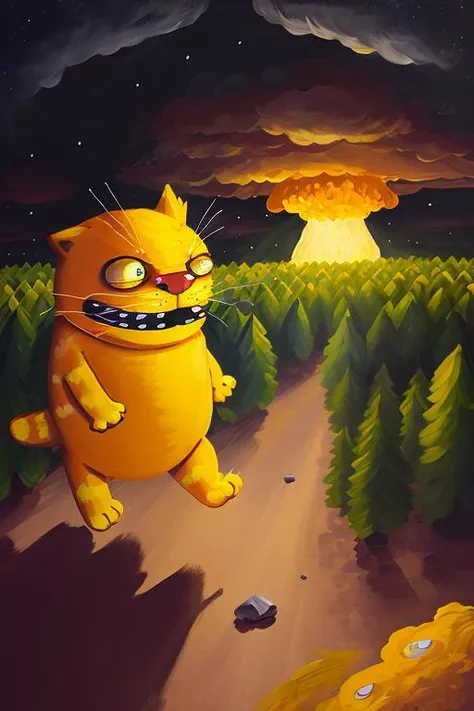 vlozhkin style painting of yellow cat running from atomic nuclear explosion mushroom at horizon <lora:vlozhkin:1>