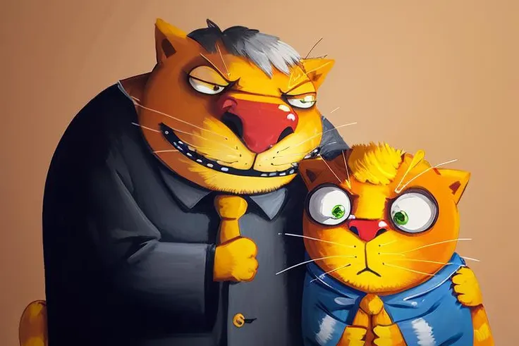 vlozhkin style painting of yellow cat pointing at angry man <lora:vlozhkin:1>