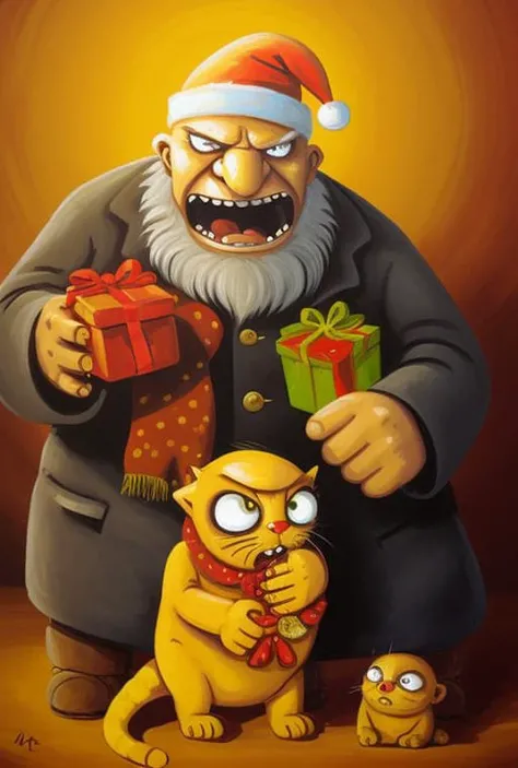 <lora:vlozhkin3:0.6>vlozhkin style painting (angry old man) celebrates christmas with yellow cat