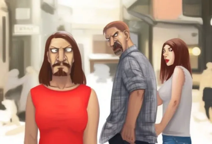 <lora:vlozhkin3:0.9>vlozhkin style painting Distracted Boyfriend meme, disloyal man meme, old man face in red clothes, ulgy face