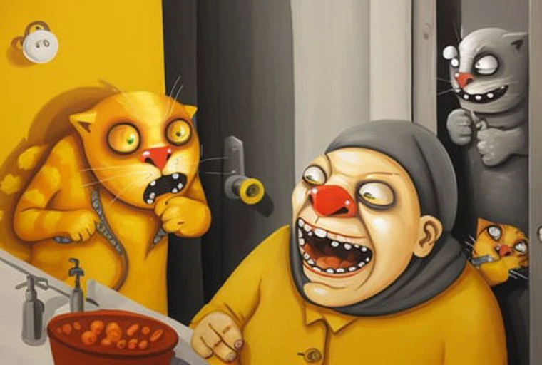 <lora:vlozhkin3:0.8>vlozhkin style painting ugly old woman in bathroom making selfie, yellow cats watch from door, cat cry, daemons
