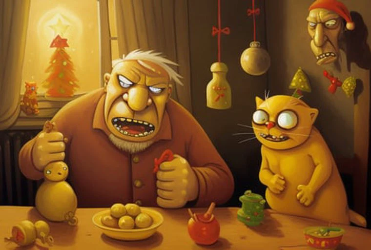 <lora:vlozhkin3:0.6>vlozhkin style painting (angry old man) celebrates christmas with yellow cat and nude womans