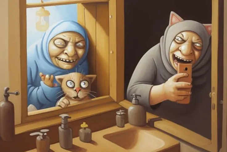 <lora:vlozhkin3:0.6>vlozhkin style painting ugly old woman in bathroom making selfie, cats watch from door