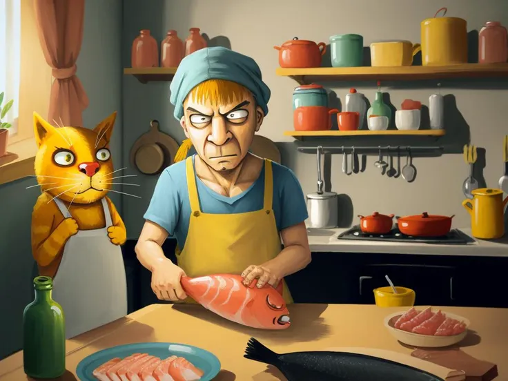 vlozhkin style painting of yellow cat making sashimi in kitchen, soviet kitchen <lora:vlozhkin5:0.7>