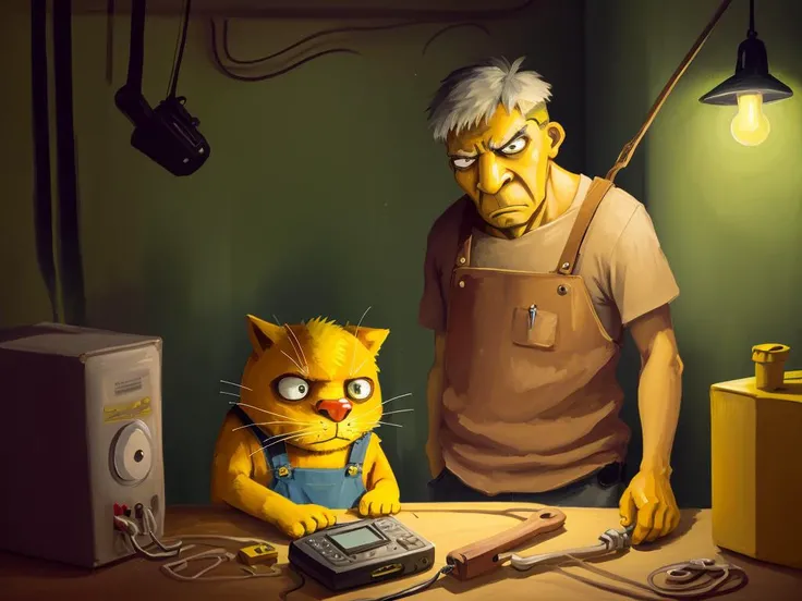 vlozhkin style painting of yellow cat repairing electric device with hammer, wires, sparks, sad man watching <lora:vlozhkin5:0.7>