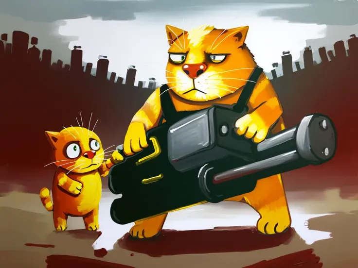vlozhkin style painting of yellow cat with gatling gun in hands <lora:vlozhkin5:0.7> <lora:gatling_gun_lora01:0.9>