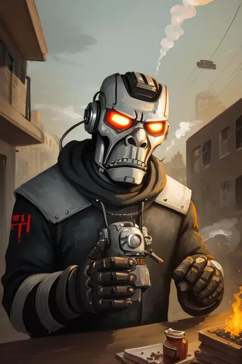vlozhkin style painting of terminator cyborg robot with metal head in city ruins smoking cigar, <lora:vlozhkin5:0.7>