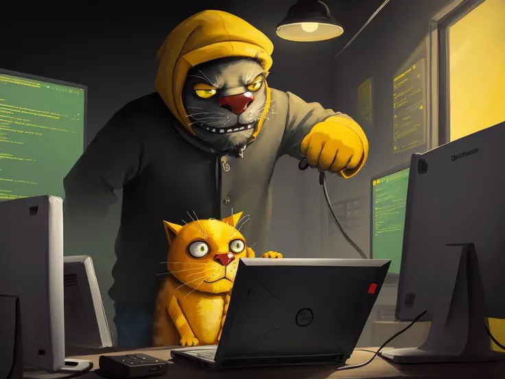 vlozhkin style painting of yellow cat hacking computer, dark, servers racks , <lora:vlozhkin5:0.7>