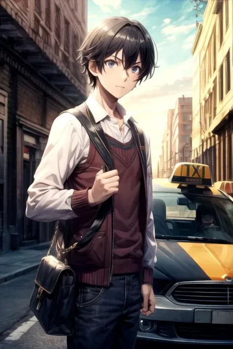 masterpiece, best quality, movie still, 1boy, solo, male focus, looking at viewer, , , , , <lora:taichi_nishimura:0.72>, taichi_nishimura, black hair, black eyes, taxi driver costume, post-apocalyptic, 4k resolution