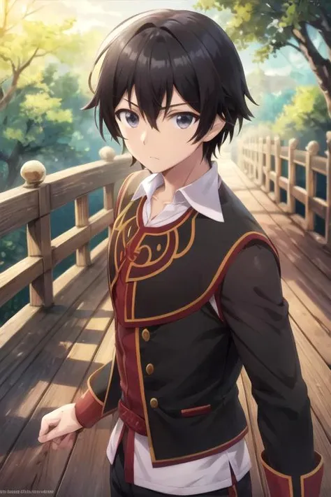 masterpiece, best quality, illustration, 1boy, solo, male focus, looking at viewer, , depth of field, anime coloring, , <lora:taichi_nishimura:0.74>, taichi_nishimura, black hair, black eyes, , wooden bridge,