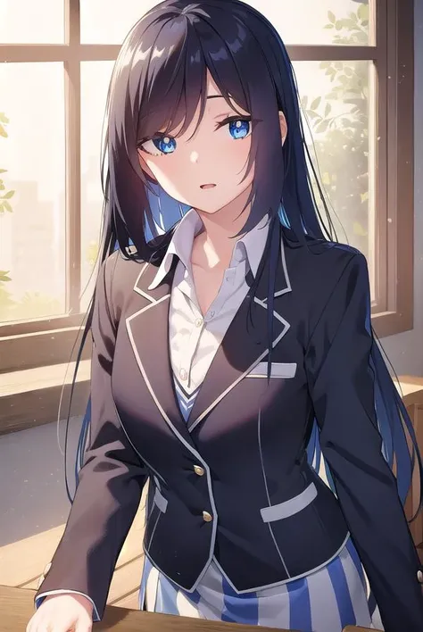 enishifuyushima, <lora:enishi fuyushima manga-lora-nochekaiser:1>,
enishi fuyushima, long hair, hair over one eye, black hair, blue eyes,
BREAK skirt, school uniform, jacket, blazer,
BREAK indoors, classroom,
BREAK looking at viewer, (cowboy shot:1.5),
BREAK <lyco:GoodHands-beta2:1>, (masterpiece:1.2), best quality, high resolution, unity 8k wallpaper, (illustration:0.8), (beautiful detailed eyes:1.6), extremely detailed face, perfect lighting, extremely detailed CG, (perfect hands, perfect anatomy),