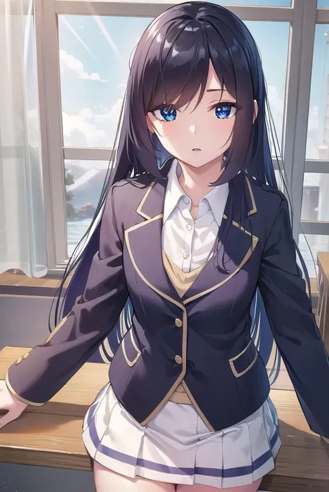 enishifuyushima, <lora:enishi fuyushima manga-lora-nochekaiser:1>,
enishi fuyushima, long hair, hair over one eye, black hair, blue eyes,
BREAK skirt, school uniform, jacket, blazer,
BREAK indoors, classroom,
BREAK looking at viewer, (cowboy shot:1.5),
BREAK <lyco:GoodHands-beta2:1>, (masterpiece:1.2), best quality, high resolution, unity 8k wallpaper, (illustration:0.8), (beautiful detailed eyes:1.6), extremely detailed face, perfect lighting, extremely detailed CG, (perfect hands, perfect anatomy),
