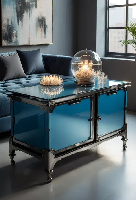 (medium full shot) of (cozy Buffet table) made of metal material, blue color, rustic style, reclining, swivel base, lacquer finish, crystal accents, located in a modern loft, with sleek furniture, stylish decor, bright lighting, comfortable seating , at sunset, ,Masterpiece,best quality, photo, realistic, very aesthetic