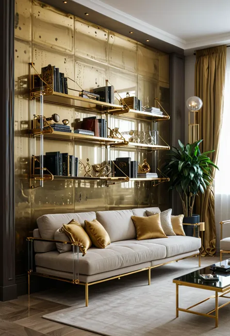 (medium full shot) of (extravagant Wall shelves) made of acrylic material, metallic gold color, minimalist style, foldable, open shelves, patina, woven details, located in  a luxurious living room, with plush sofas, elegant decor, rich fabrics, sophisticated ambiance, at night, ,Masterpiece,best quality, photo, realistic, very aesthetic,