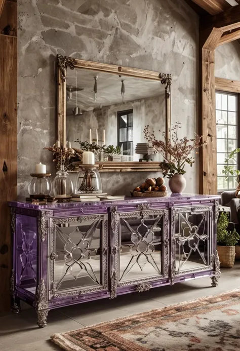 (medium full shot) of (ornate Buffet table) made of acrylic material, purple color, industrial style, modular, mirrored surface, embroidered fabric, crystal accents, located in  a rustic living room, with wooden beams, stone fireplace, earthy tones, comfortable seating, ,Masterpiece,best quality, photo, realistic, very aesthetic