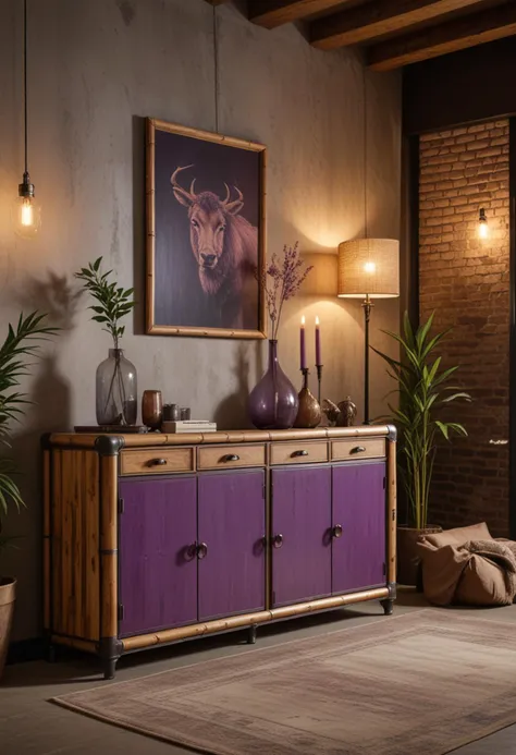 (medium full shot) of (elegant Sideboard) made of bamboo material, purple color, industrial style, reclining, glass doors, distressed finish, tufted upholstery, located in a rustic loft, with wooden furniture, earthy tones, cozy atmosphere, warm lighting , Masterpiece,best quality, photo, realistic, very aesthetic,