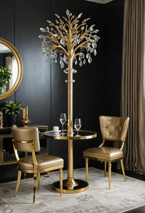 (medium full shot) of (artistic Hall tree) made of leather material, metallic gold color, mid-century style, adjustable height, mirrored surface, glossy finish, crystal accents, located in  a formal dining room, with elegant table setting, stylish chairs, sophisticated ambiance, at night, ,Masterpiece,best quality, photo, realistic, very aesthetic,