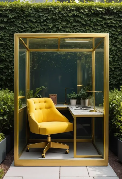 (medium full shot) of (charming Office cubicle) made of glass material, yellow color, modern style, space-saving, upholstered seat, patina, gold trim, located in a modern garden, with sleek furniture, stylish decor, bright lighting, comfortable seating, ,Masterpiece,best quality, raw photo, realistic, very aesthetic, dark