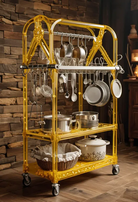 (medium full shot) of (cozy Pot rack) made of acrylic material, yellow color, vintage style, foldable, caster wheels, embroidered fabric, crystal accents, located in  a rustic kitchen, with wooden cabinets, earthy tones, cozy atmosphere, warm lighting, at night, ,Masterpiece,best quality, photo, realistic, very aesthetic