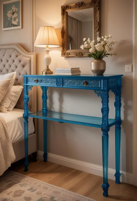 (medium full shot) of (ornate Console table) made of acrylic material, blue color, minimalist style, foldable, carved legs, patina, iron hinges, located in a cozy bedroom, with soft bedding, warm lighting, inviting atmosphere, modern furniture, at sunset, Masterpiece,best quality, photo, realistic, very aesthetic,