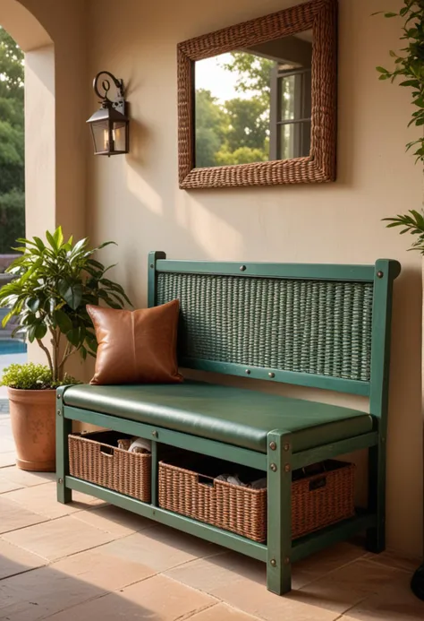 (medium full shot) of (contemporary Entryway bench) made of wicker material, green color, industrial style, foldable, hidden compartments, patina, embossed leather, located in  a vintage outdoor patio, with antique furniture, classic decor, rich textures, warm lighting, at sunset, Masterpiece,best quality, photo, realistic, very aesthetic,