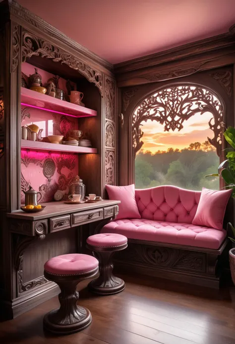 (medium full shot) of (extravagant Breakfast nook set) made of acrylic material, pink color, art deco style, reclining, open shelves, patina, adorned with intricate carvings, located in  a rustic home office, with wooden desk, earthy tones, cozy atmosphere, warm lighting, at sunset, ,Masterpiece,best quality, raw photo, realistic, very aesthetic, dark